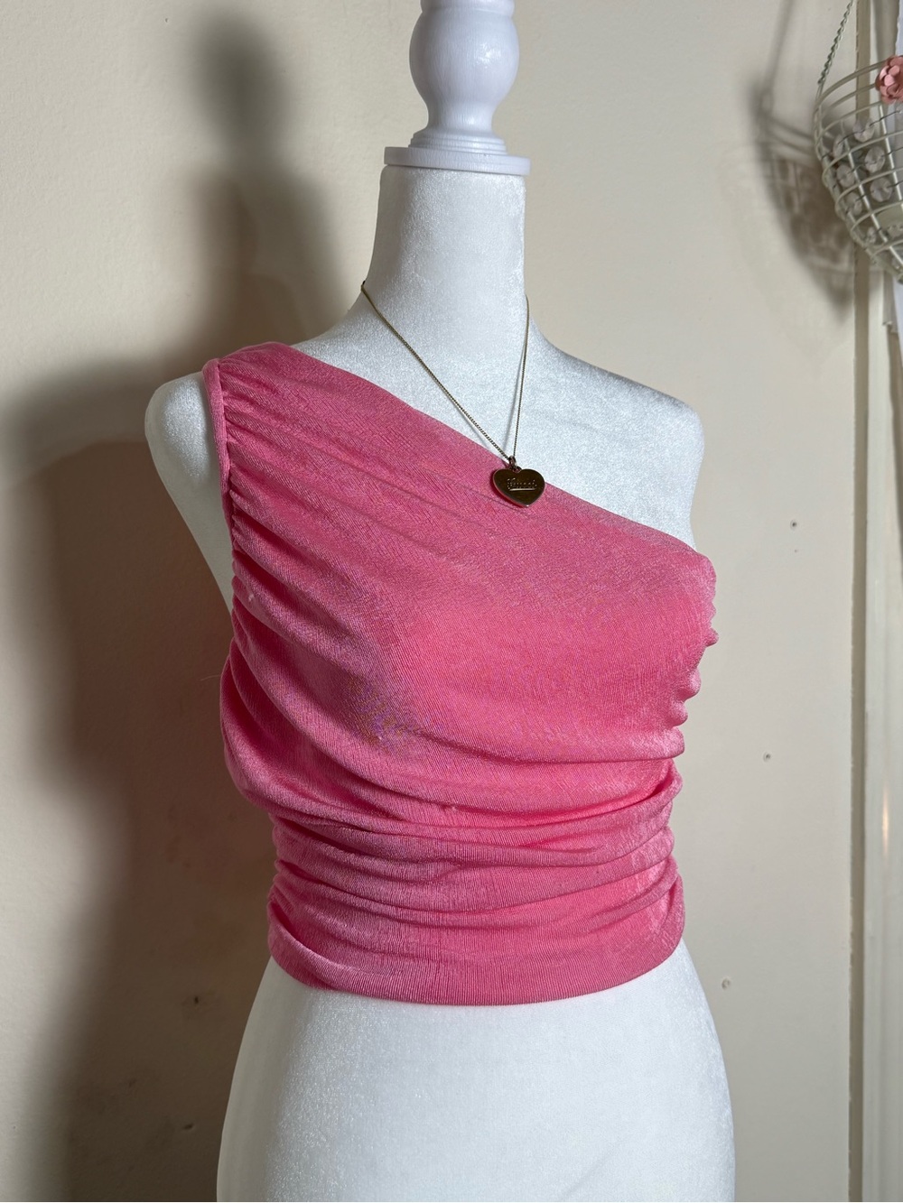 One-Shoulder Pink Ruched Crop Top